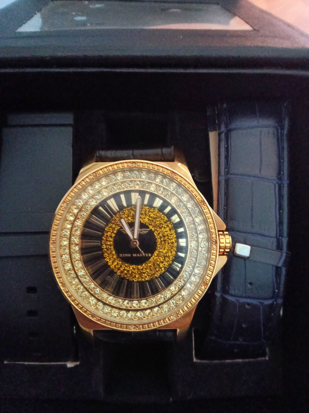 Men's Gold Crystal Dress Watch with Black Strap